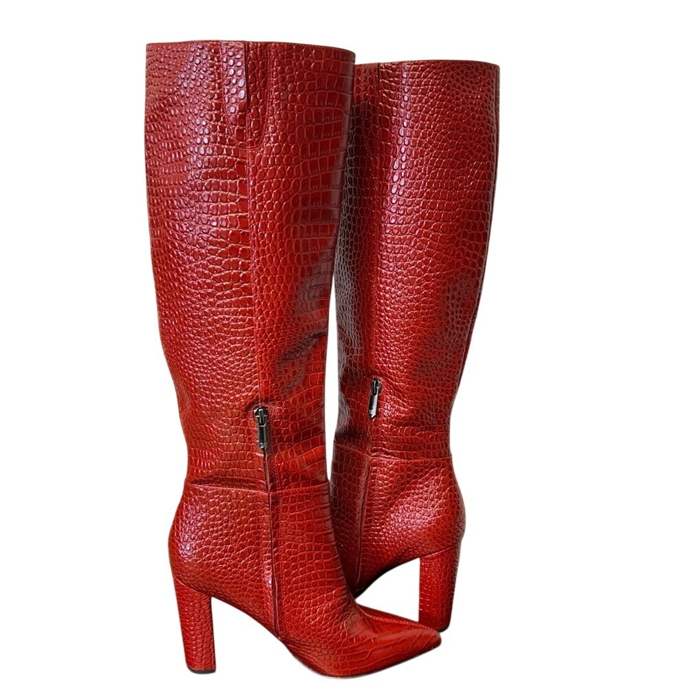 SAM EDELMAN Raakel Knee High Boot Red Croc Embossed Leather Size 7.5 EUC - Picture 11 of 13